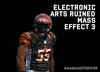 A Football Player With His Finger On His Lips And The Words Electronic Arts Ruined Mass Effect 3 Behind Him GIF