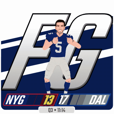 A Football Player With The Number 5 On His Jersey Stands In Front Of A Nyg 13 17 Dal Logo GIF