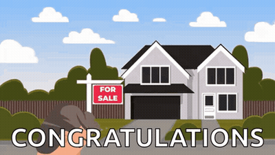 A For Sale Sign In Front Of A House With The Words Congratulations Below It GIF