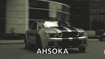 A Ford Mustang With Ahsoka Written On The Front GIF