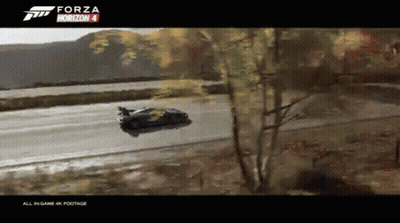 A Forza Horizon 4 Advertisement With A Car Flying Through The Air GIF