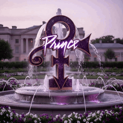 A Fountain With A Purple Prince Logo On It GIF