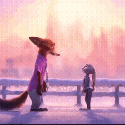 A Fox And A Rabbit Are Standing Next To Each Other On A Snowy Bridge . GIF