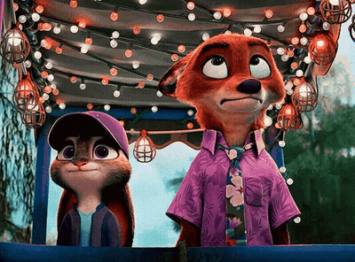 A Fox And A Rabbit Are Standing Next To Each Other Under A Canopy Of Lights GIF
