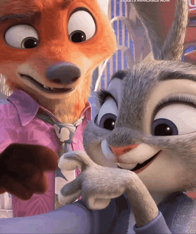 A Fox And A Rabbit Are Standing Next To Each Other With Tickets Available Now GIF