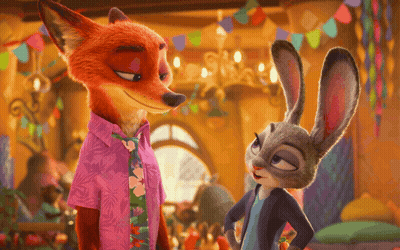 A Fox And A Rabbit Standing Next To Each Other In A Room GIF