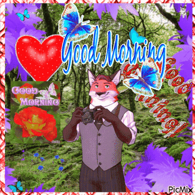 A Fox Is Holding A Camera In Front Of A Good Morning Sign GIF