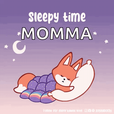 A Fox Is Sleeping On A Purple Blanket With The Words Sleepy Time Momma Above It GIF