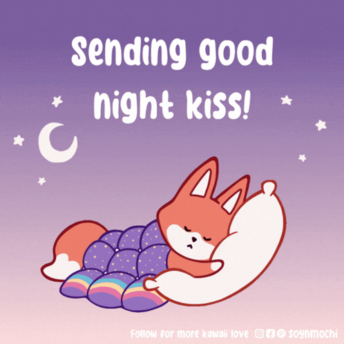 A Fox Is Sleeping Under A Blanket With The Words Sending Good Night Kiss GIF