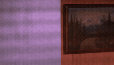 A Framed Painting Of A Mountain Landscape On A Purple Wall GIF