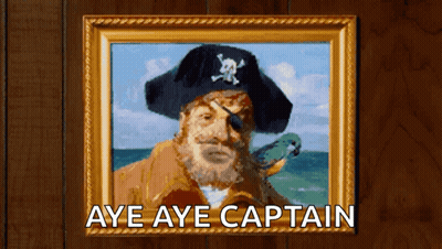 A Framed Painting Of A Pirate With Aye Aye Captain Written On The Bottom GIF