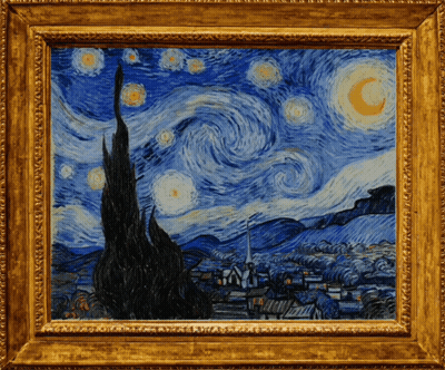 A Framed Painting Of A Starry Night Sky With A Crescent Moon GIF