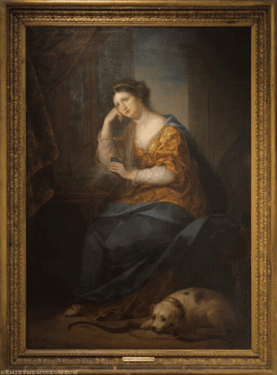 A Framed Painting Of A Woman With A Cell Phone GIF