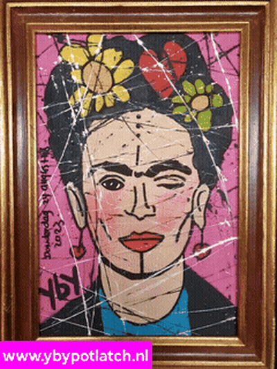 A Framed Painting Of Frida Kahlo With The Website Www.ybypotlatch.nl In The Corner GIF