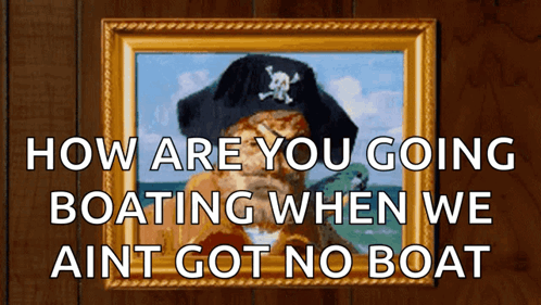 A Framed Picture Of A Cat Wearing A Pirate Hat Says How Are You Going Boating GIF