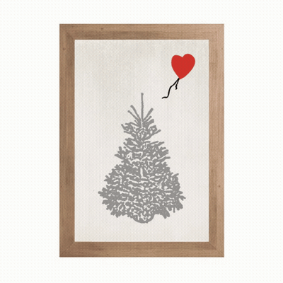 A Framed Picture Of A Christmas Tree With A Red Heart Balloon Hanging From It GIF