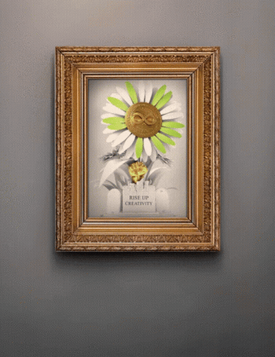 A Framed Picture Of A Flower With The Words Rise Up Creativity On The Bottom GIF