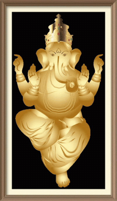 A Framed Picture Of A Golden Elephant With A Crown GIF
