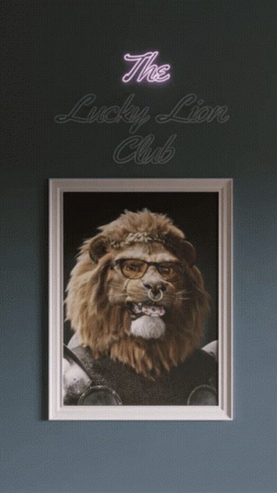 A Framed Picture Of A Lion With Glasses And A Neon Sign That Says The Lucky Lion Club Above It GIF