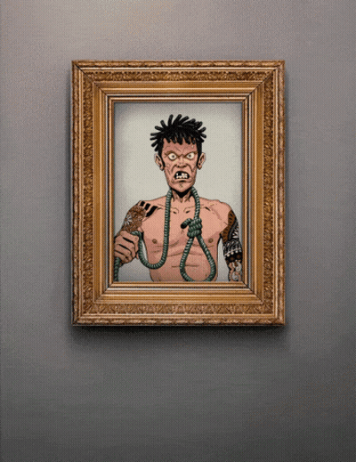 A Framed Picture Of A Man With Dreadlocks And Tattoos GIF