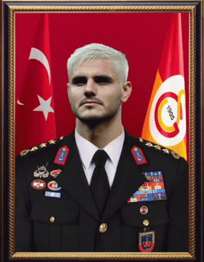 A Framed Portrait Of A Man In A Military Uniform With The Year 1905 On The Flag Behind Him GIF