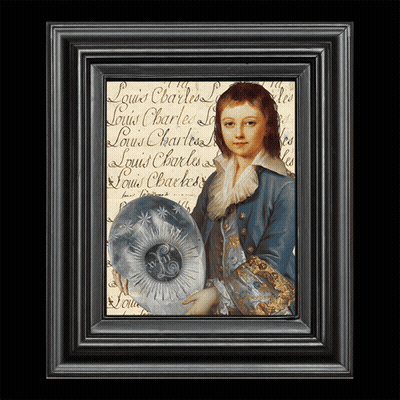 A Framed Portrait Of A Young Boy With The Name Louis Charles GIF