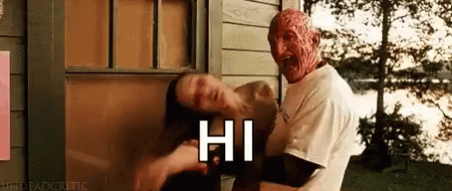 A Freddy Krueger Is Holding A Woman In His Arms And Says Hi . GIF