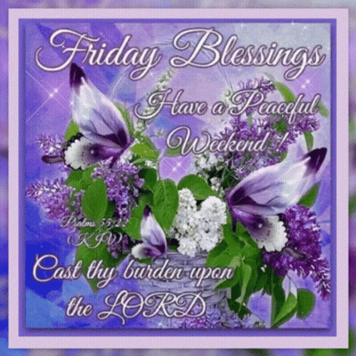 A Friday Blessings Card With Purple Butterflies And Flowers GIF