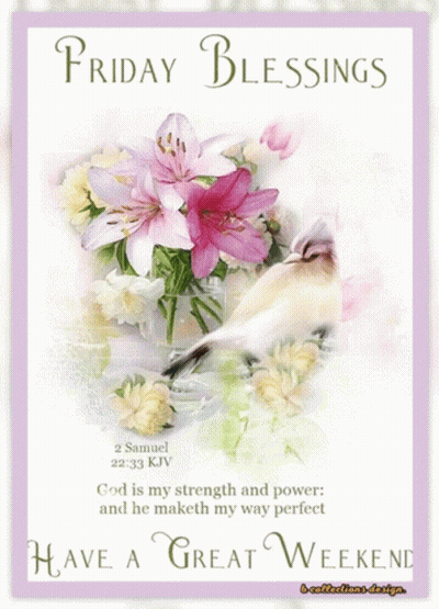 A Friday Blessings Greeting Card With Flowers And A Bird GIF