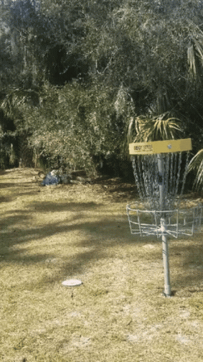 A Frisbee Golf Basket With A Yellow Sticker That Says ' Eagle ' On It GIF