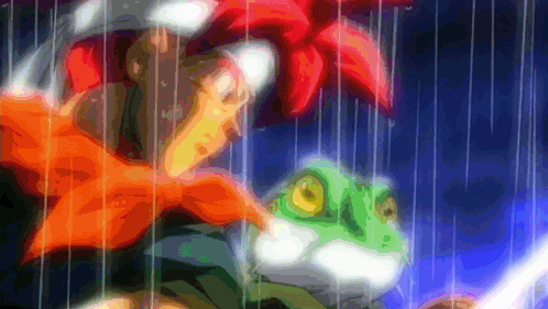 A Frog And A Girl Are In The Rain With A Flower In The Background GIF