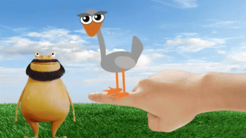 A Frog And An Ostrich Standing Next To Each Other On A Grassy Field GIF