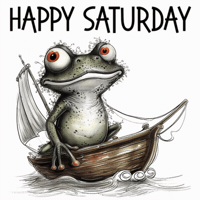 A Frog In A Boat With The Words Happy Saturday Behind It GIF