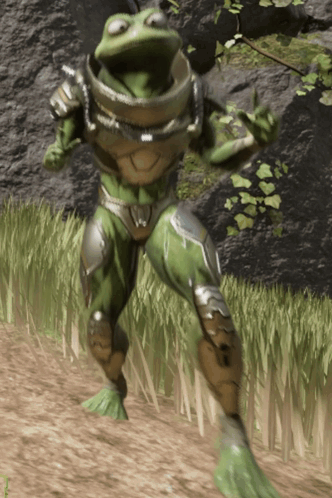 A Frog In Armor Is Standing In A Field Of Grass GIF