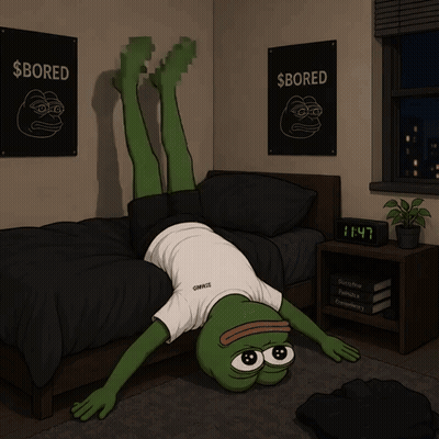 A Frog Is Doing A Handstand In A Bedroom With Posters That Say $ Bored GIF