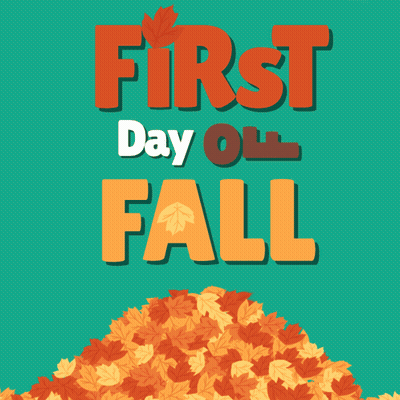 A Frog Is Hiding Behind A Pile Of Leaves With The Words First Day Of Fall GIF