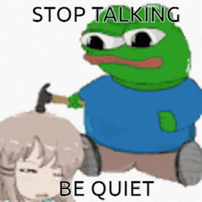 A Frog Is Holding A Hammer To A Girl 'S Head With The Words Stop Talking Be Quiet Below It GIF
