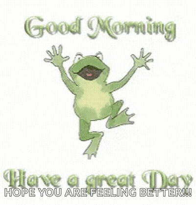 A Frog Is Jumping In The Air With The Words `` Good Morning Have A Great Day Hope You Are Feeling Better !! '' GIF