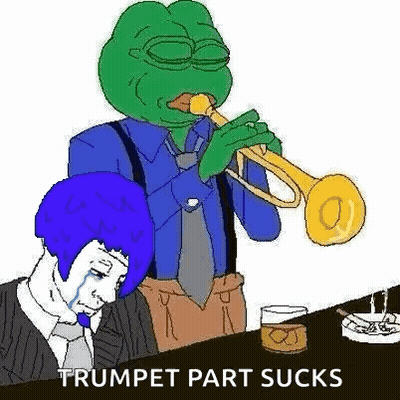 A Frog Is Playing A Trumpet Next To A Man With A Blue Hair . GIF