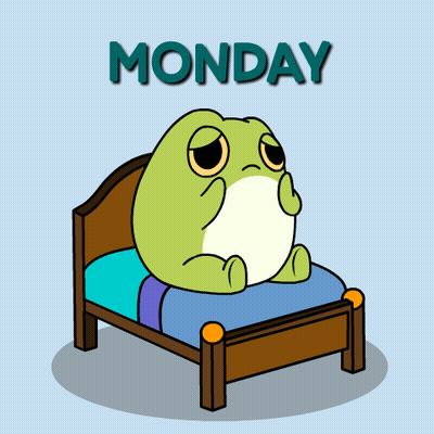 A Frog Is Sitting On A Bed With The Word Monday Behind It GIF