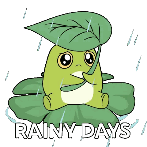 A Frog Is Sitting On A Leaf With The Words " Rainy Days " Written Below It Sticker