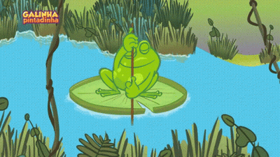 A Frog Is Sitting On A Lily Pad In A Pond With The Words Galinha Pintadinha Written Above It GIF