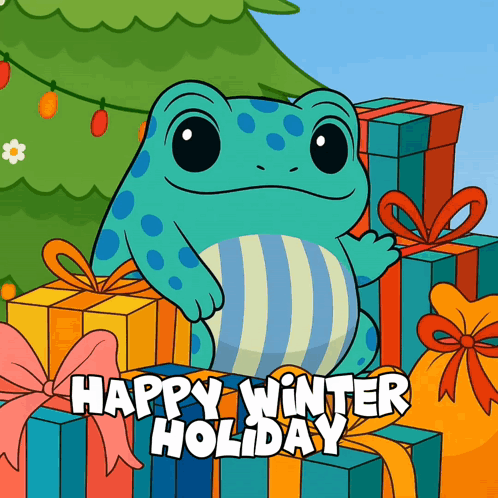 A Frog Is Sitting On A Pile Of Presents With The Words Happy Winter Holiday Written Below It GIF