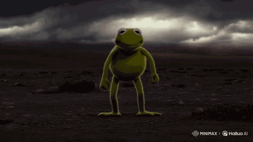 A Frog Is Standing In The Middle Of A Desert With Red Flames Coming Out Of Its Arms And Legs . GIF