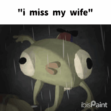 A Frog Is Standing In The Rain With The Words `` I Miss My Wife '' Written On It . GIF