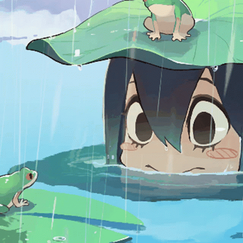A Frog Sits On A Leaf Over A Girl 'S Head GIF