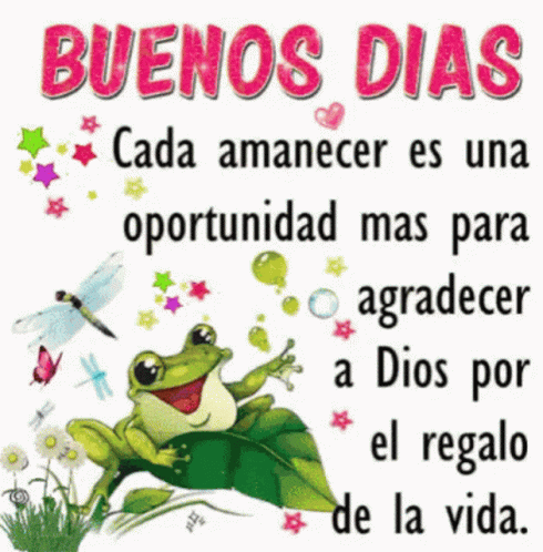 Pink Words Buenos Dias With Frog On Leaf GIF