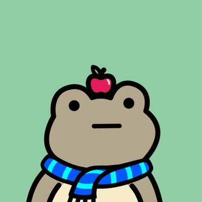A Frog Wearing A Blue Scarf Has An Apple On Its Head And The Words So Cute Above It GIF