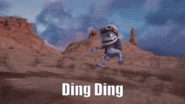 A Frog Wearing A Helmet And Goggles Is Running On A Dirt Road With The Words Ding Ding Above Him GIF