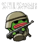 A Frog Wearing A Helmet And Holding A Gun With The Word Snluswar Written In The Background . Sticker